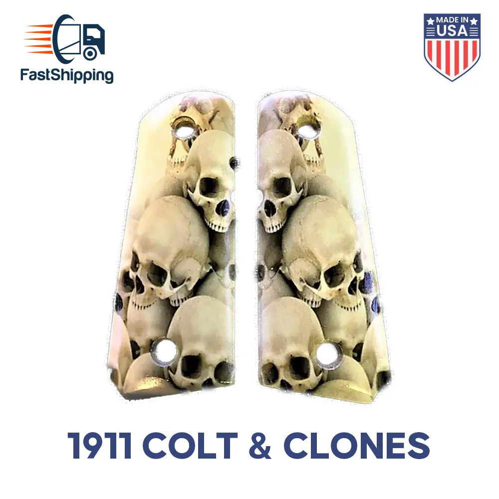 1911 fits Grips Colt Gov & Clones HD Printed Skulls on Wood 1911 fits Grips Colt Gov & Clones HD Printed Skulls on Wood