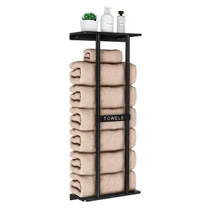 Wall-Mounted Towel Rack – Black Iron, 30" Tall, Holds 6 Large Towels, Top Shelf for Storage – Durable Modern Bathroom Organizer for Small Spaces, Easy Install