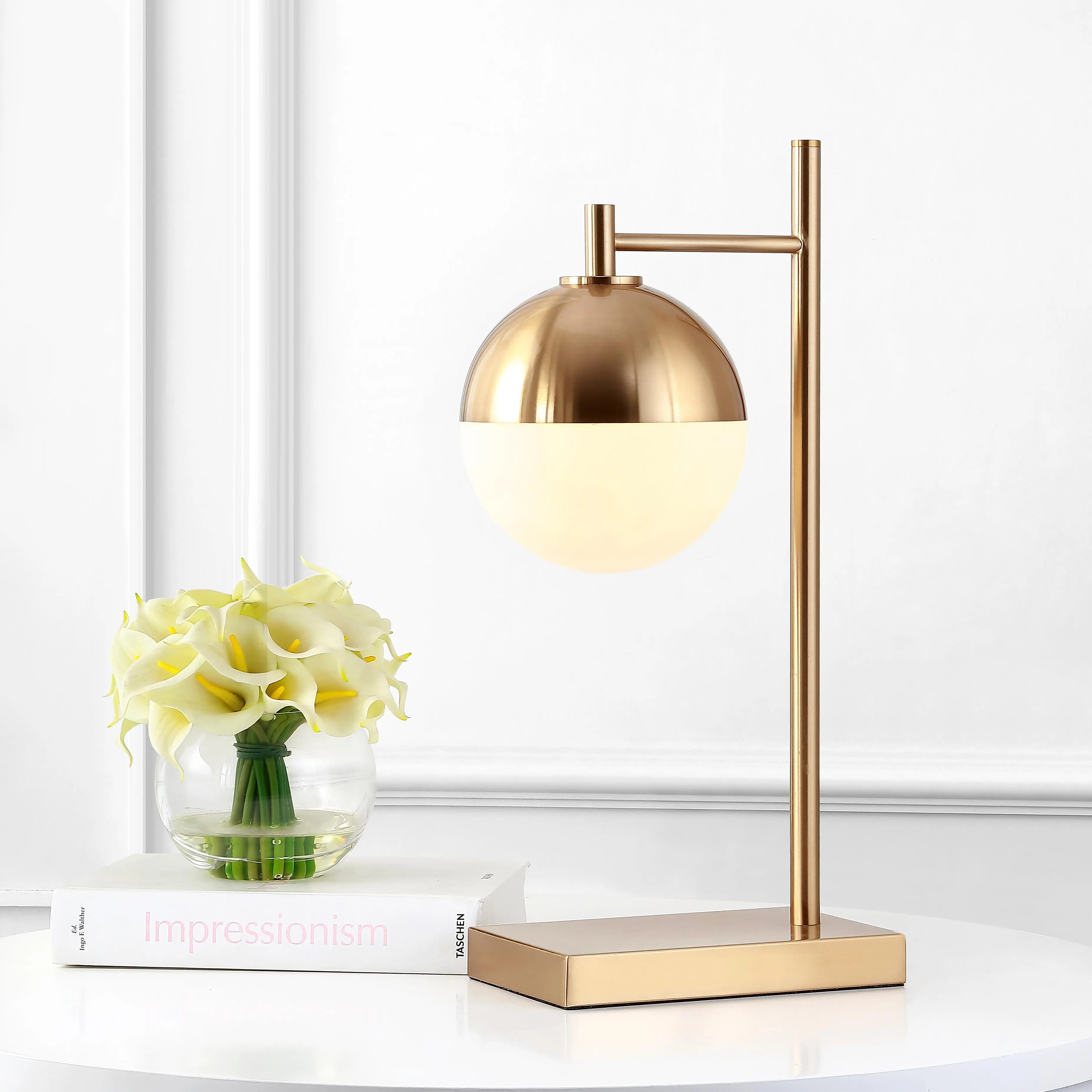 JONATHAN Y Marcel 21" Art Deco Mid-Century Globe Table Lamp, Brass Gold | Modern Glam Metal Construction, White Frosted Glass Shade, Living Room Bedroom, Weighted Base, LED Bulb Included