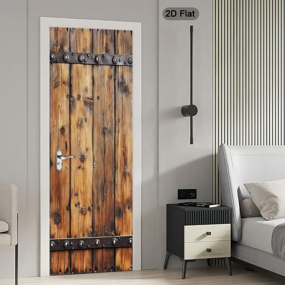 2D Flat Old Wooden Door Sticker, Rustic Texture Poster, Antique Design Wall Decor, Weathered Look Door Decoration for Home
