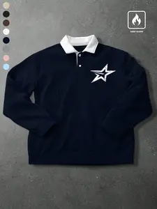 Unisex Oversized Sweatshirt, Colorblock Polo Neck Long Sleeve, Starburst Embroidery/print, Loose Fit Casual Top, Fall & Winter Couples' Wear, Casual Fashion Sweatshirt