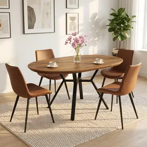 HIPIHOM Extendable Oval Wood Dining Table Set & Retro PU Leather Chairs. Cross metal base for extra legroom, child-safe round edges & ergonomic backrest. Modern industrial style in warm brown. Perfect for home decor.