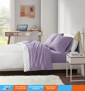 Cotton Blend Jersey Knit Bed Sheet Set Wrinkle Resistant, Soft Sheets with 14' Deep Pocket, All Season, Cozy Bedding-Set, Matching Pillow Case, Queen, Purple 4 Piece