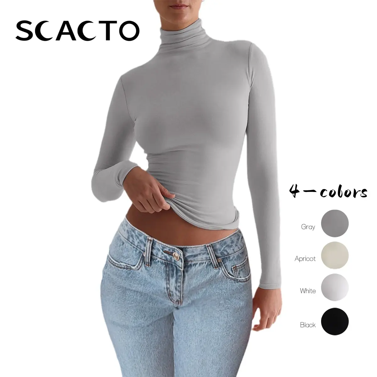 Scacto Lady's Asian Style Slim-Fit Knitting Long Sleeve Pullover, Solid Crew Neck Soft Polyester Thermal Base Layer Shirt, Stretchy Underwear for Jeans Pairing, Fabric, Basic, Longsleeves, Figure Flattering