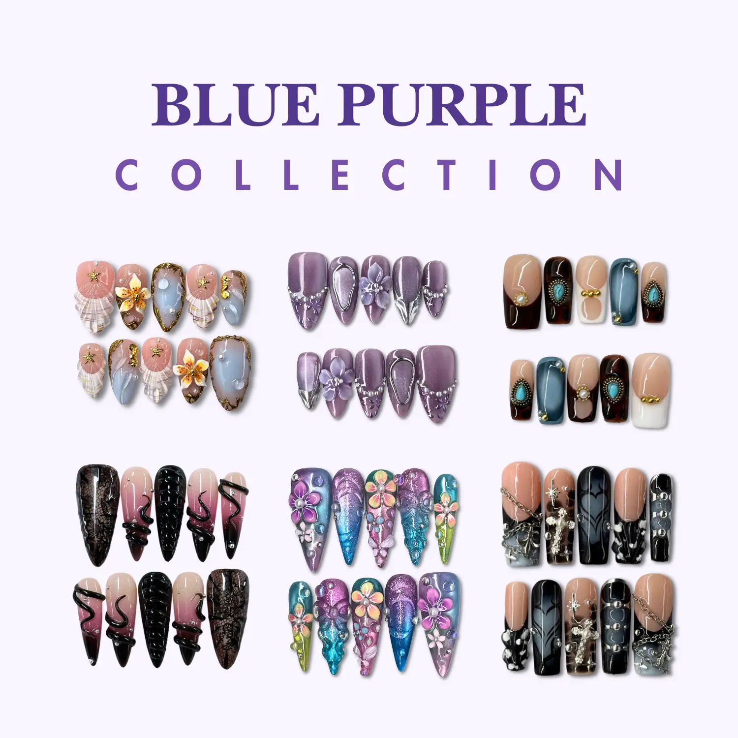NailPhoria BLUE / PURPLE Collection - Handmade Press-On Nails | Reusable, Salon-Quality, Long-Lasting, Glossy Design