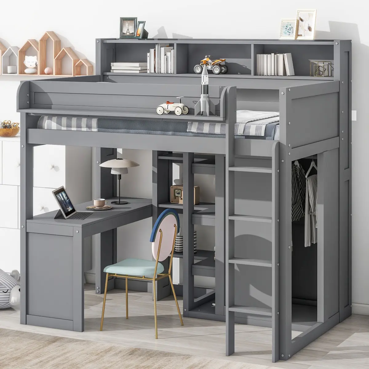 [Bellemave]Wood Twin Size Loft bed with Multiple Storage Shelves and Wardrobe, Gray