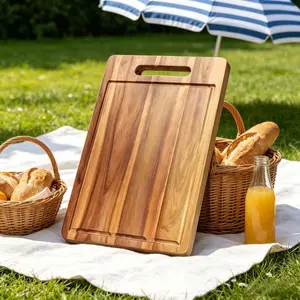 1 piece of Acacia wood cutting board, used for preparing and serving dishes, with a natural Acacia wood grain finish, integrated juice trough and handle hole, durable edge texture structure, perfect for kitchen logs and home gifts