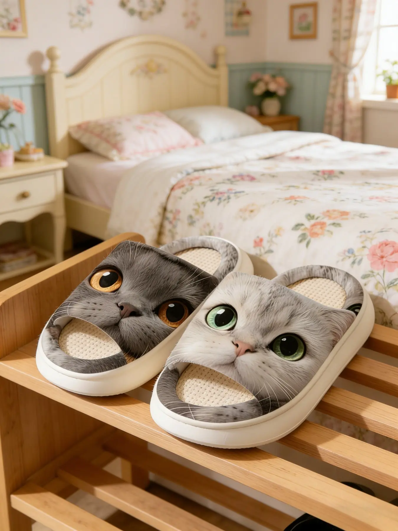 3D Realistic Big Eye Cat Home Slippers, Waffle Linen Breathable Soft Cute Daily Thick Sole Sandals, Comfortable Indoor Footwear House Slipper