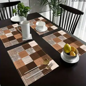 2D flat printing, 2-piece/4-piece/6-piece/8-piece set, retro brown geometric placemat - washable, rectangular table mat, suitable for home and kitchen decoration