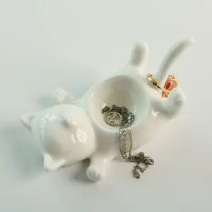 Ceramic Cat Jewelry Dish| Cute Animal-Shaped Storage Tray| Export Ceramic Craft Ornament