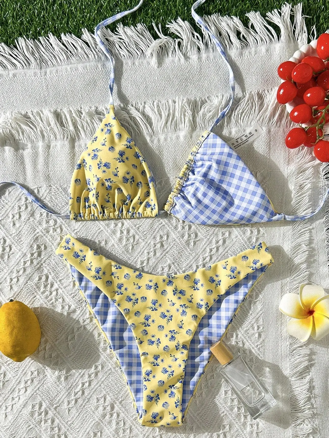 Floral Gingham Bikini Set - Blue Forget-Me-Not Print Triangle Halter Swimsuit Women Cute Bottoms Y2K Retro Beach Look