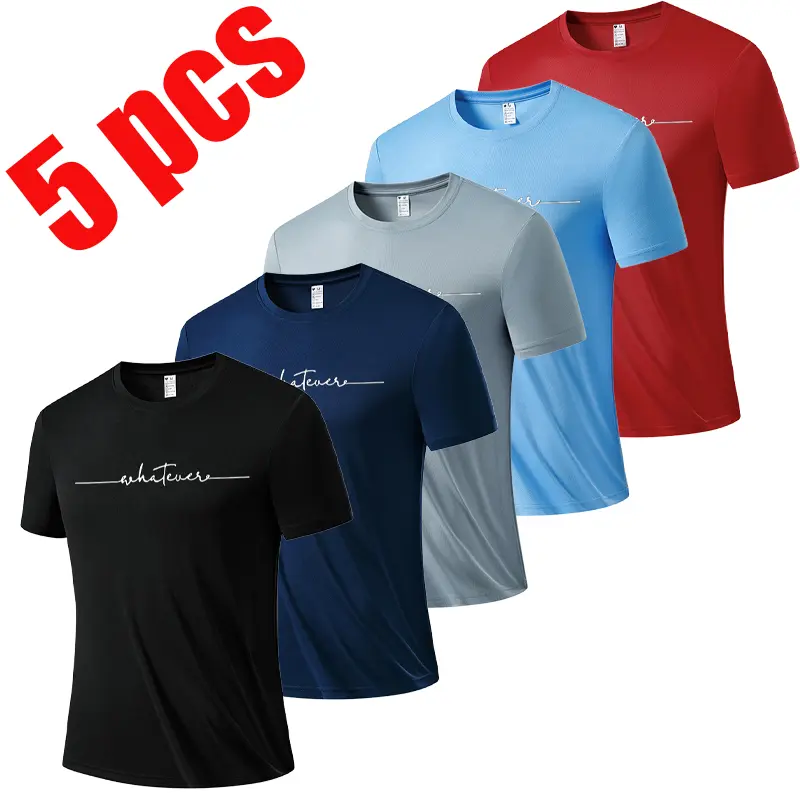 Men’s 5-Pack "Whatever" Graphic Print T-Shirts - Short-Sleeve, Quick-Dry, Breathable, Casual Fit, Geometric Minimalist Menswear Round Neck Tops for Everyday Streetwear, Tshirt, Shortsleeve