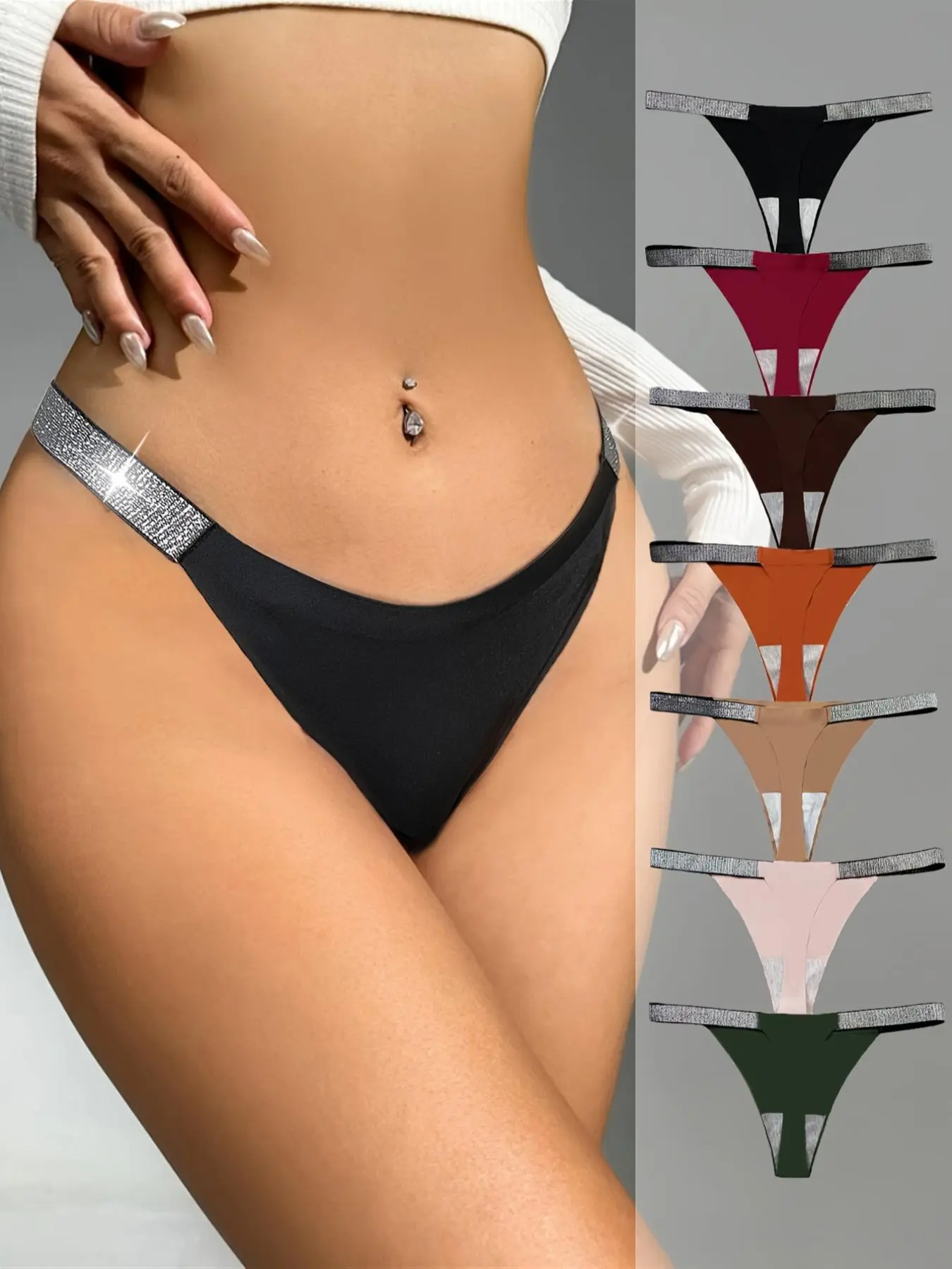 Women's 7pcs Solid Glitter Tape Thong, Soft Comfortable Breathable Fitted Basic Knitting Fabric Drop Waist Casual Panty for Daily Wear, Women's Underwear for All Seasons Womenswear