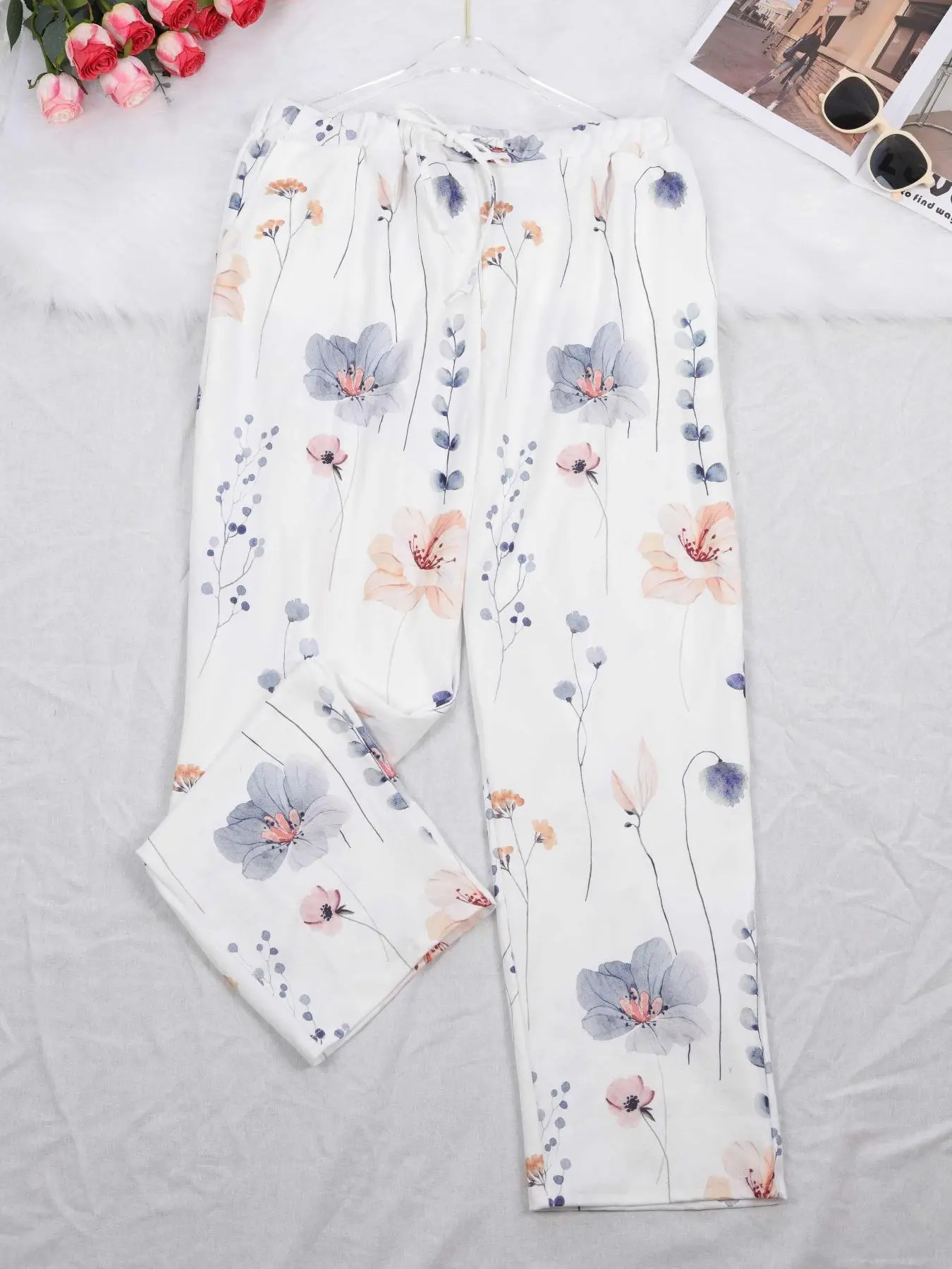 Plus Floral Print Drawstring Waist Pocket Jogger Pants, Casual Elastic Waist Trousers for Women, Women's Bottoms for Spring & Fall