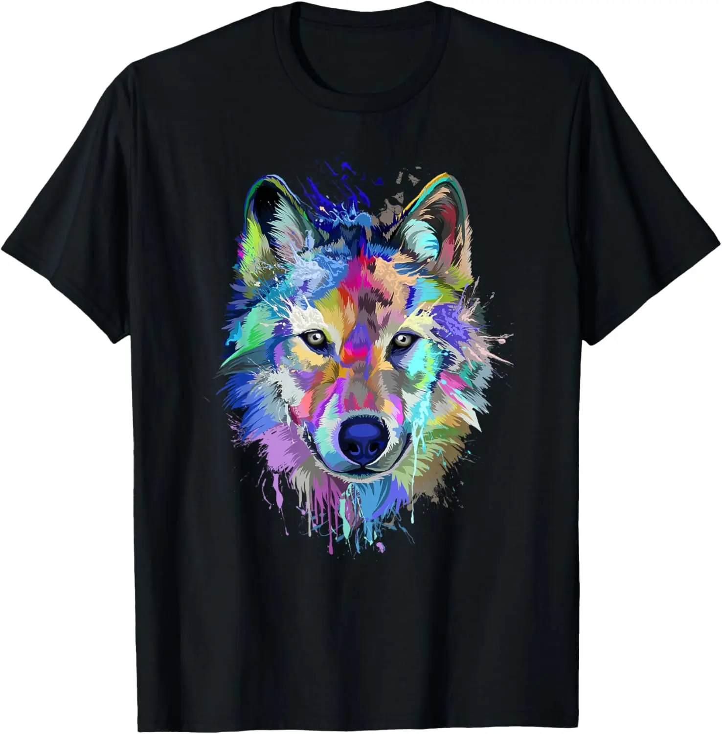 Women's 100% Cotton Vintage Everyday T-Shirt - Casual Round Neck, Distressed Wolf Splash Art Graphic, Animal Face Clothes for Wolf Lovers