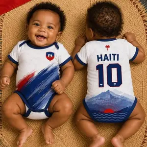 Custom Name Haiti Baby Soccer Bodysuit, Personalized Haiti Football Infant Jersey, Blue Red Haitian Flag Baby Clothes MDW
