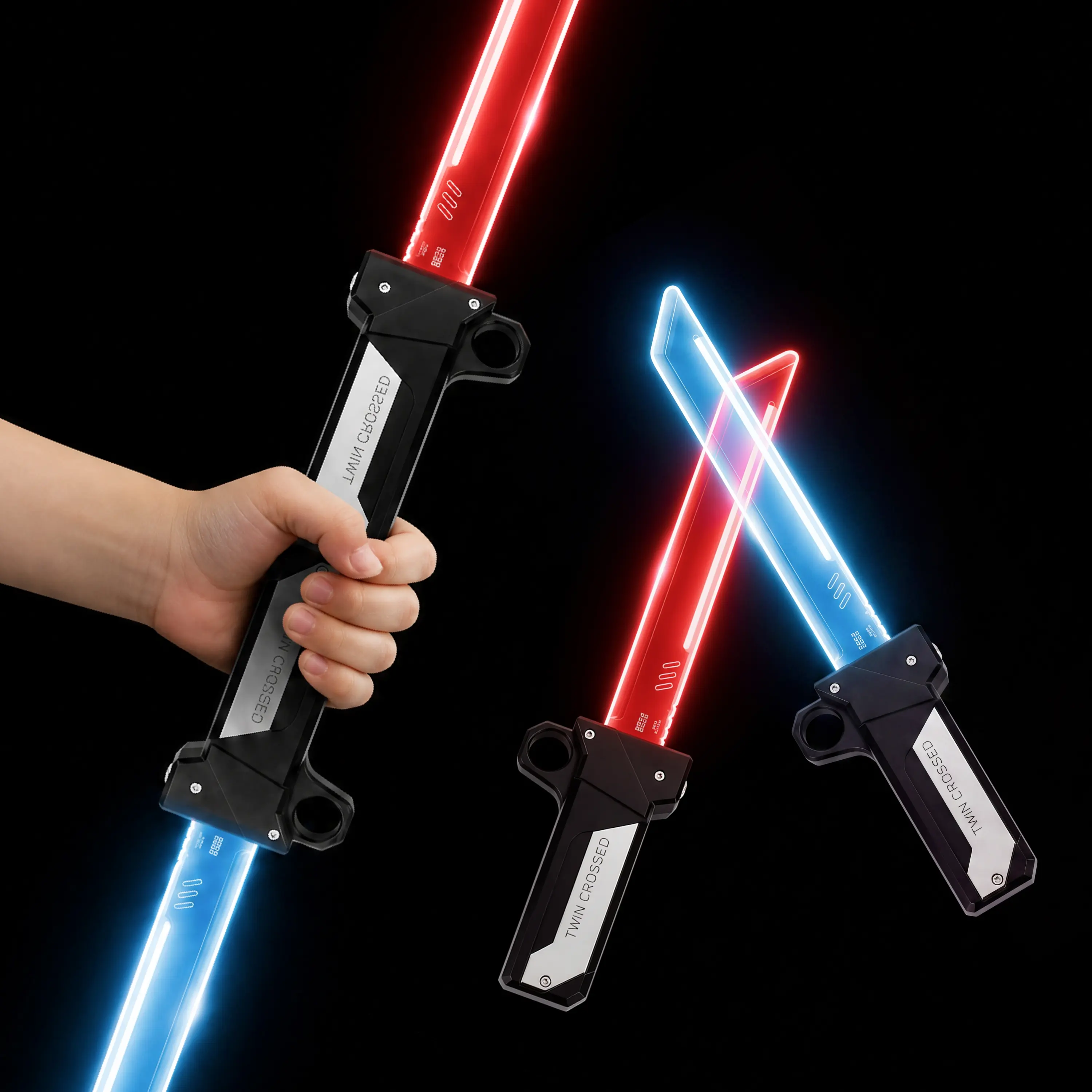 JOYIN TWIN CROSSED LED Lightsaber Toy  — Dual Red & Blue Blades, Flick-to-Extend, Connectable Double-Bladed Saber, Perfect for Cosplay, Duel Play & Gifts