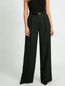 A black high waisted and wide leg suit pants for women, with a high waisted design that highlights leg length, the wide leg design is suitable for Office wear, commuting to work, shopping, and outdoor activities, as well as indoor and outdoor dressing