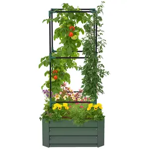 Galvanized Planter Box with Tomato Cage, 24" x 24" x 55" Tall Raised Garden Bed for Climbing Vines, Heavy Duty Metal Vegetable Planter for Backyard Patio or Greenhouse, Green Steel Grow Cage for Tomatoes Cucumbers