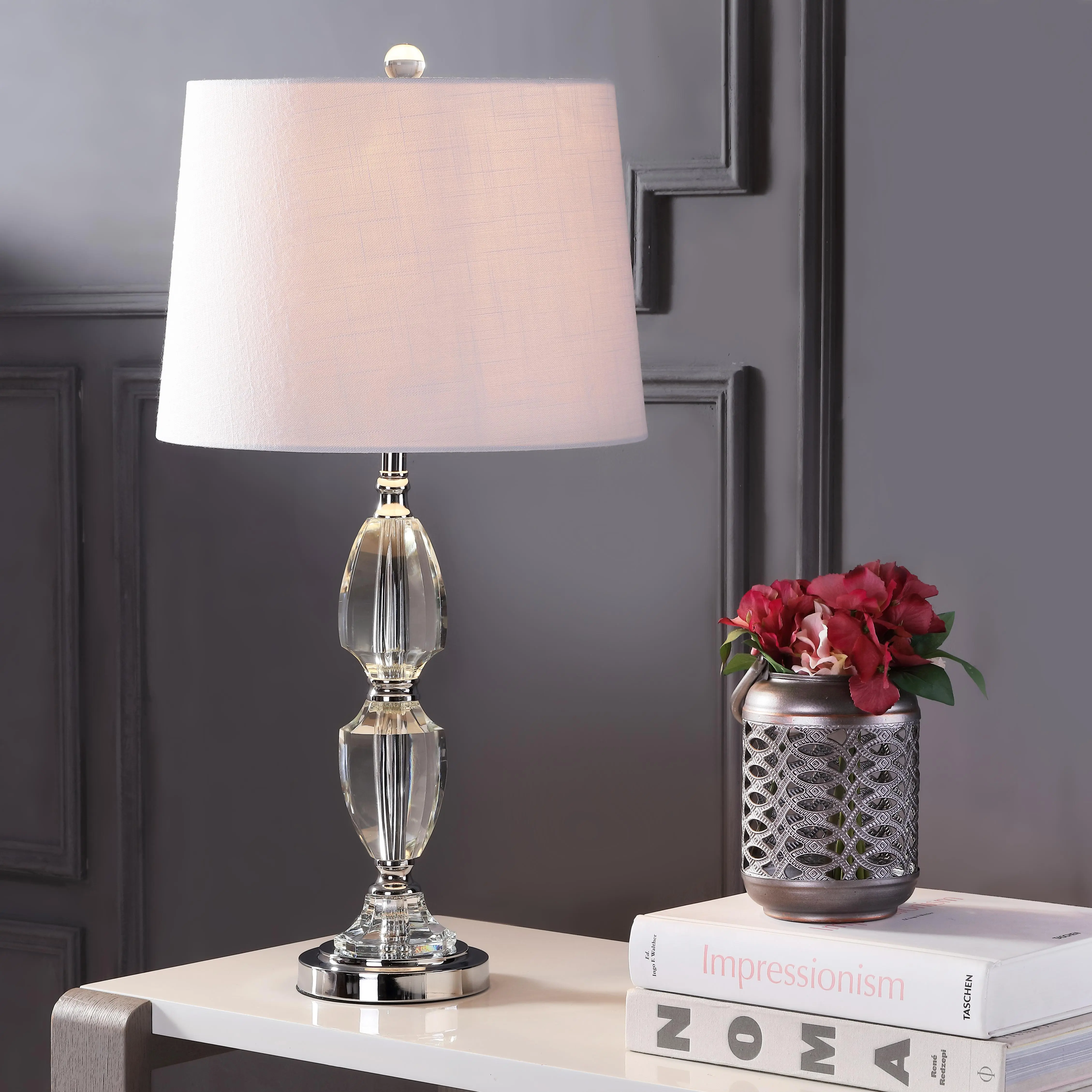 JONATHAN Y Graham Crystal Table Lamp 27" Drum Shade, Clear/Chrome | Traditional French Country Nightstand Style, White Linen Tapered, Metal Base, Living Room, LED Bulb Included