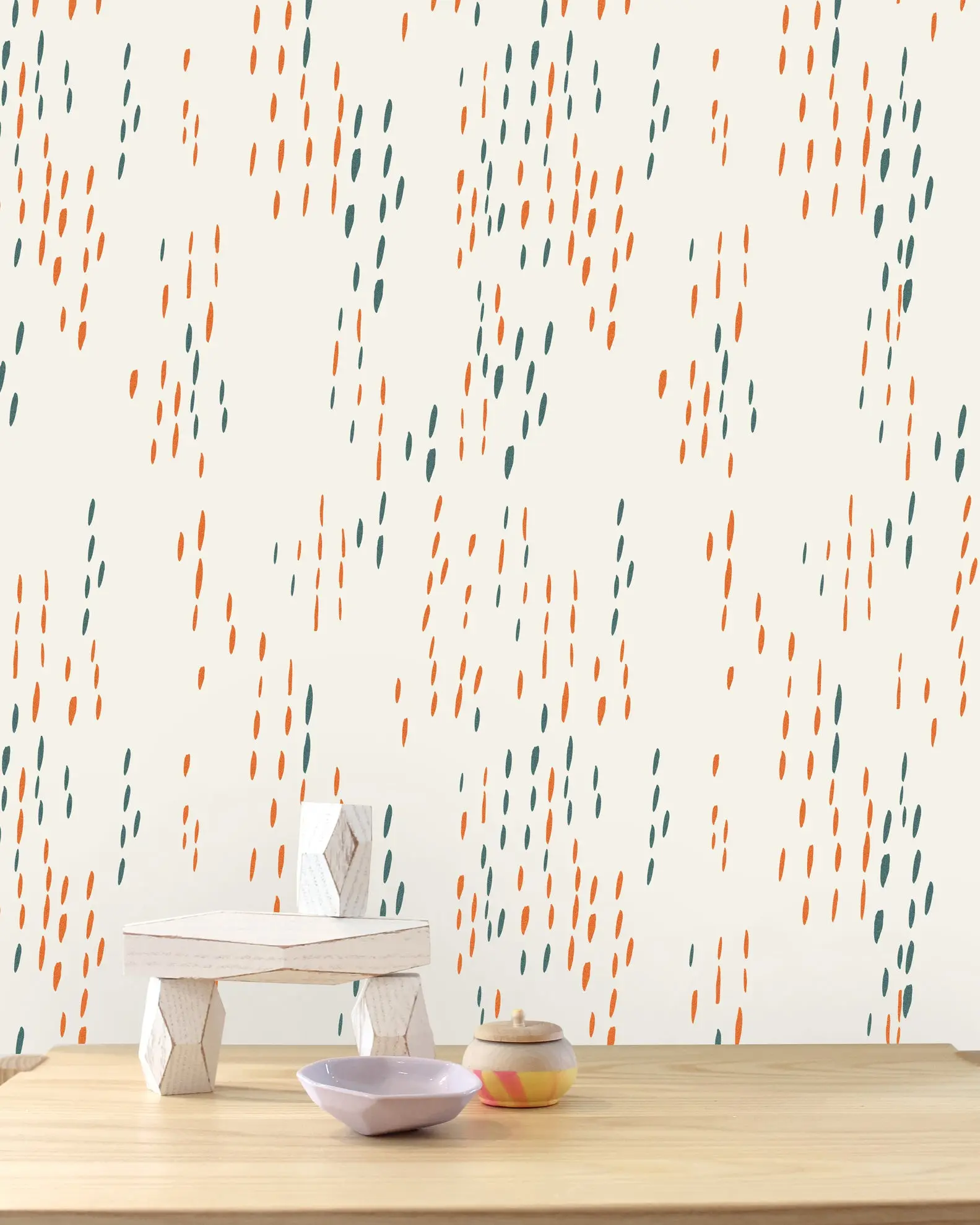 The Sou'Wester - Aquatic and Gloaming (Neon Orange) on Cream - Commercial Wallpaper