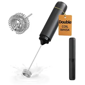 Rechargeable Milk Frother Hanheld, Dual Coil Whisk Head Electric Coffee Frother, Portable Hand Frother Wand Drink Mixer for Matcha Lattes Cappuccino, Kitchen Gifts, Black