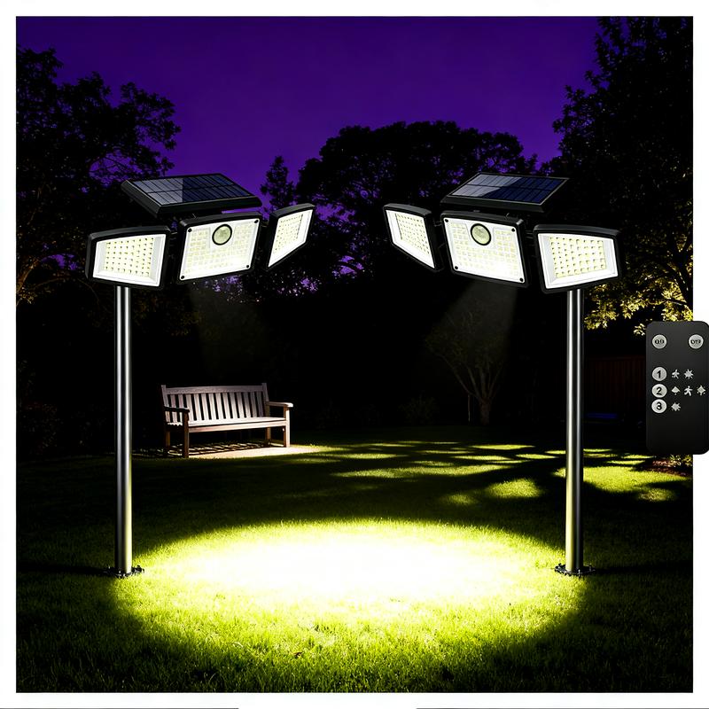 2-Pack Solar LED Security Lights with Motion Sensor IP65 Waterproof Outdoor Lights for Backyard Pathway 2 Sets Wide Coverage Remote Control Modes Brightness Timer 74pcs 8W 550lm 6500K brightness timer