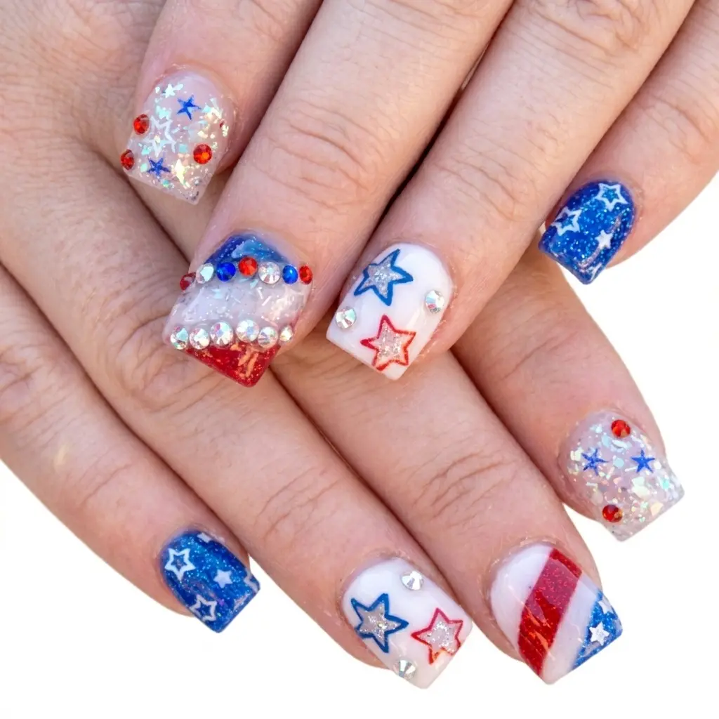 24Pcs 4th of July Press On Nails Short Square – Independence Day Fake Nails with 3D Gems, Rhinestones & Glitter – American Flag Star Design Reusable Full Cover Acrylic Nails for Women