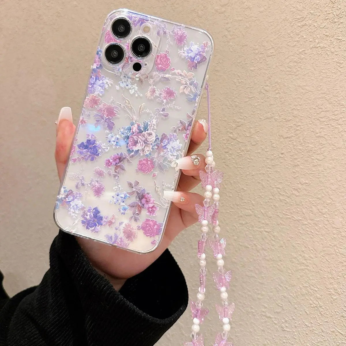 Flower Pattern Phone Case with Faux Pearl Decor Lanyard, Shockproof Decorative Phone Protector Cover, Phone Accessories Compatible with iPhone X XR XS