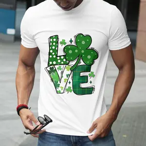 St. Patrick's Day LOVE-Themed T-shirt - Shamrock & Plaid Print Design, Casual Crew Neck Short-Sleeved T-shirt, All Seasons Suitable, Comfortable & Versatile, Festive Luck & Love Style, White Base Trendy Apparel, The Best Choice For Gifting