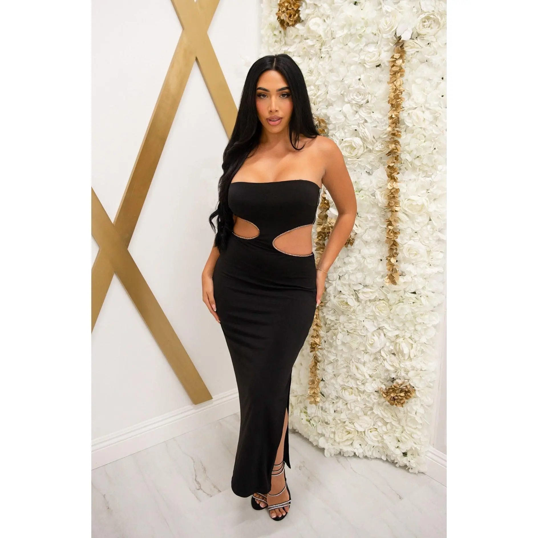 Mariah Rhinestone Cutout Maxi Dress (Black)