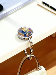 Stained Glass Blue Hummingbird Purse Hook, Foldable Metal Table Bag Hanger, Portable Handbag Holder for Desk, Anti-Slip Bag Hook for Women