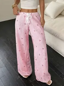 Women's Pink Striped Bow-Embroidered Wide-Leg Pants, Casual Loungewear with Adjustable Drawstring Waist for Girly Style Fans, Comfort Seekers - Perfect for Home Lounging, Casual Outings & Gifting, Featuring a Playful Bow Print on Pink