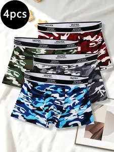 Men's Camo Boxer Briefs, Sporty Style, Soft Skin-Friendly Innerwear, Printed Square Shorties, 4 Pack, All Seasons