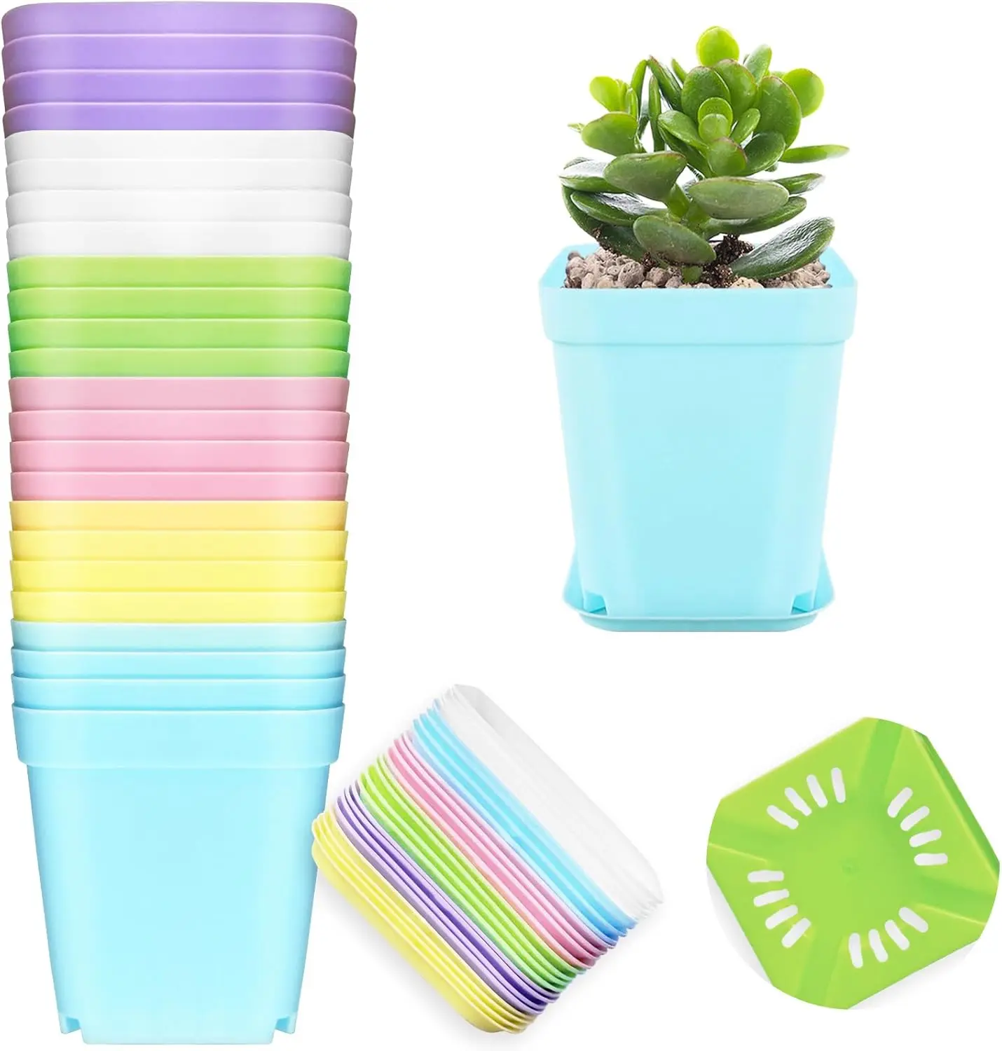 24 Pack Multi Color Plastic Plant Pots with Pallets, Mini Square Planters for Indoor Outdoor Plants, Flowers & Seedlings