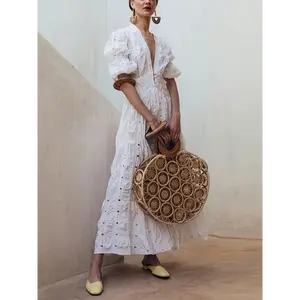 Women'S Elegant Deep V-Neck Puff Sleeve Lace Dress - Hollow Out Bodycon Long Dress with Ruffled Hem, Solid Color Fitted Silhouette for Spring Summer Fall, Casual to Formal Occasions, Seasonal Fashion, Sophisticated Craftsmanship, Evening We