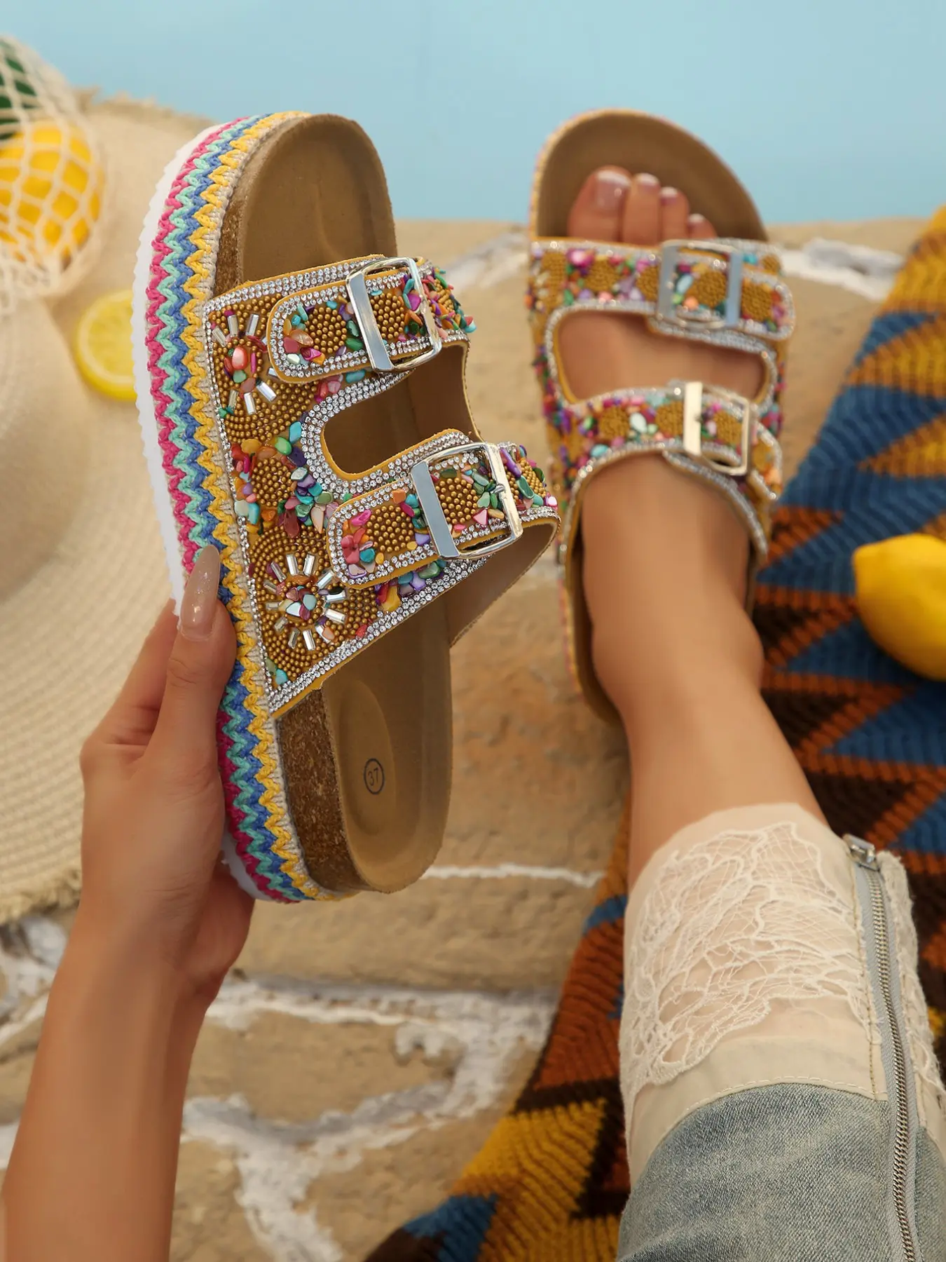 Large Size Sequin Two-Button Sandals, Sparkling Rhinestones, Casual Boho Style, Thick Sole, Waterproof, Soft Wood Slippers, Footwear, Open Toe Slides, Women