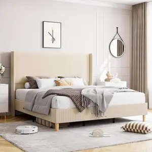 Garvee King Bed Frame with Corduroy Vertical Channel Tufted Wingback Headboard, Sturdy Wooden Slats Support, and Noise-Free Design for Comfortable Sleep