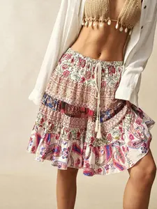 Bohemela Women's Woven Floral Ruffled Skirt With Waist Tie Boho Style
