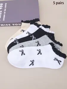 5 Pairs Multicolor Ruffled Bowknot Casual Fashion Cute Versatile Women's Short Socks, Stylish and Comfortable Footwear for Everyday Wear