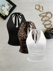 Plus Size Women's Halter V-Neck Ruched Short Top Set, Tie Back Cut Out Tank Three Piece Set, Stylish and Comfortable Fashion Womenswear