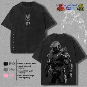 117 Masterchief HALO 2 Vintage Heavyweight Washed Tshirt - Comfort Cotton Crew Neck Casual 100% Premium Cotton - Fabric, Menswear Top Graphic Hoodie Print Straight Tee Streetwear fit