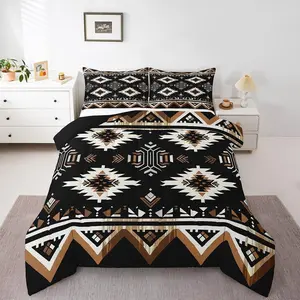 Black Southwestern Aztec Bedding Set Bohemian Boho Comforter Set for Kids Geometric Exotic Wild Western Tribal Duvet Quilt Women Men Teens Ultra Soft Decor