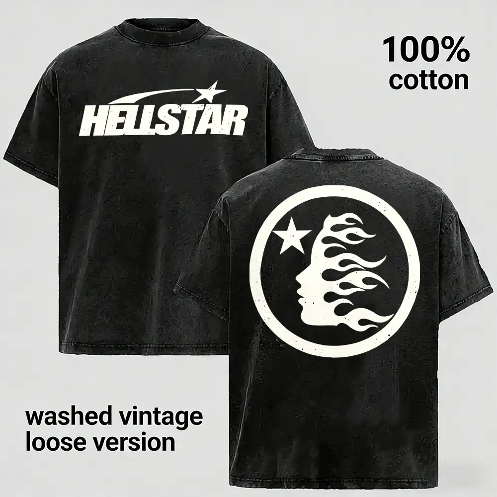 Men's 100% Pure Cotton Relaxed Oversized Vintage Washed Graphic Print T-Shirt - Retro Distressed Look Short-Sleeve Crewneck, Star Flame Front & Back Prints, Y2K Hip Hop Streetwear, Multi-Color Casual Style Tee