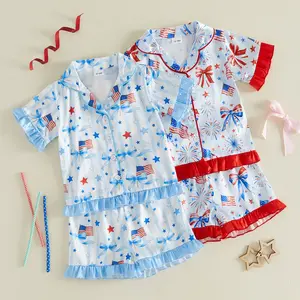 Canrulo Kids 4th of July Pajamas Set Toddler Baby Girl Boy Fourth of July Pjs American Flag Button Tops Shorts Sleepwear