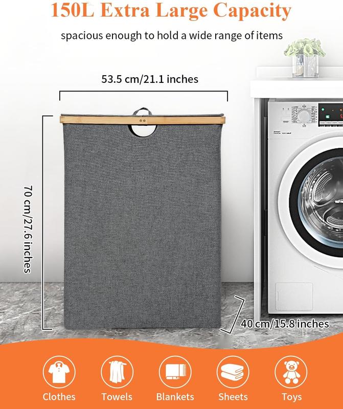OTraki 3 Section Laundry Hamper with Lid, 150L Clothes Hampers for Laundry with Bamboo Handles and Removable Bag, Large Foldable Laundry Basket for Bedroom, Bathroom, Dorm, Laundry Room, Grey