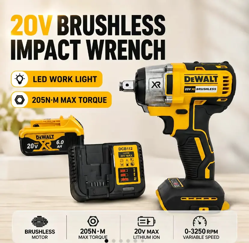 Dewalt DCF880 20V XR Cordless Brushless Motor Power Wrench - 1/2in Drive, 203N-m Torque, Variable Speed Control, with Battery for Automotive Repair