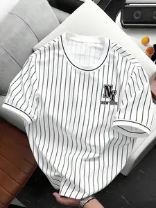 Men's casual crew neck striped short-sleeve T-shirt, comfortable top for daily wear, fashionable men's clothing, suitable for casual and sports wear.