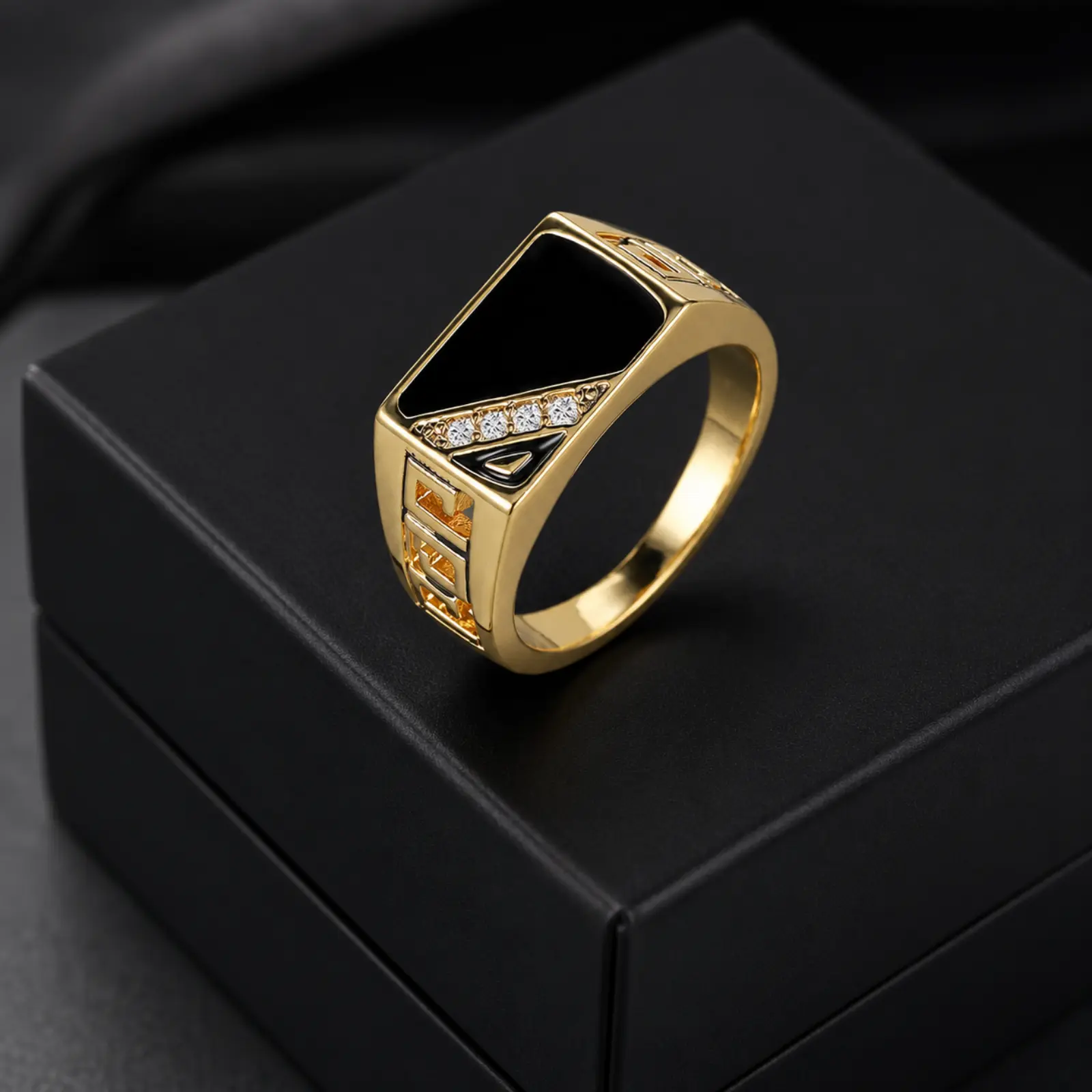 Men's gold-plated geometric ring with gemstone. Men's ring. Gift for men.