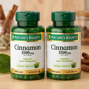 Nature’s Bounty Cinnamon Capsules, Herbal Supplement, Supports Sugar Metabolism, 1500 mg, Blood Sugar Support Supplement, 100 Capsules, High Potency Non GMO Gluten Free Made in USA